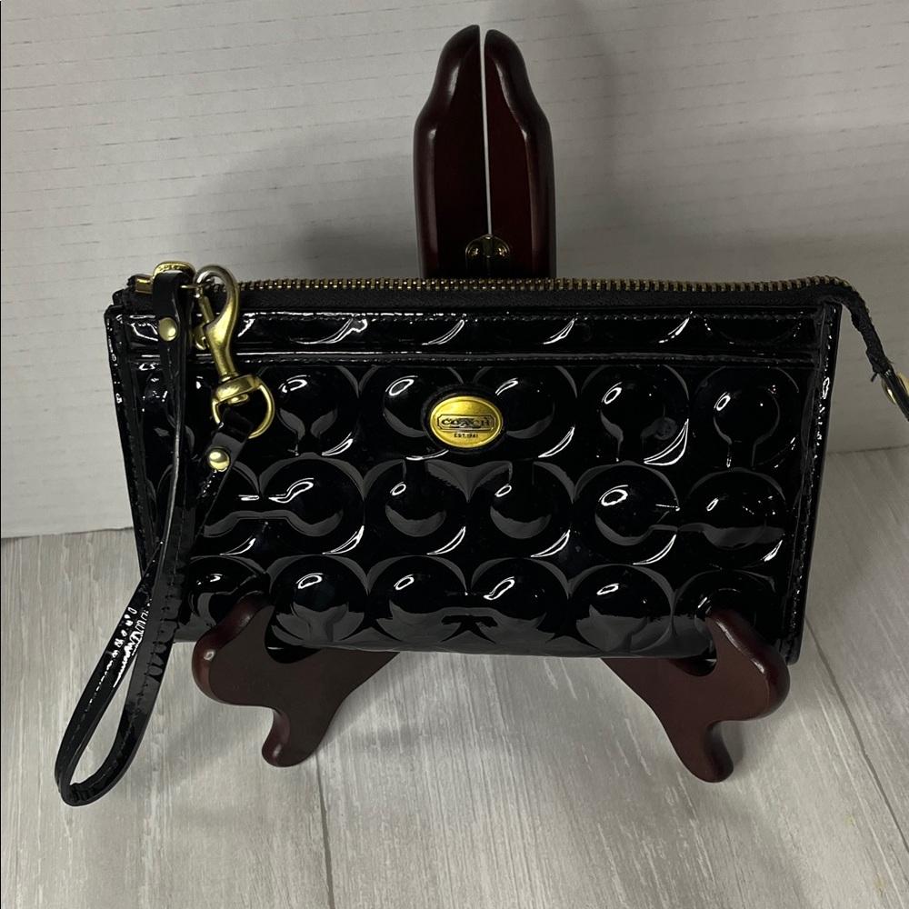 Coach Black Patent Leather Wristlet with Gold Accents